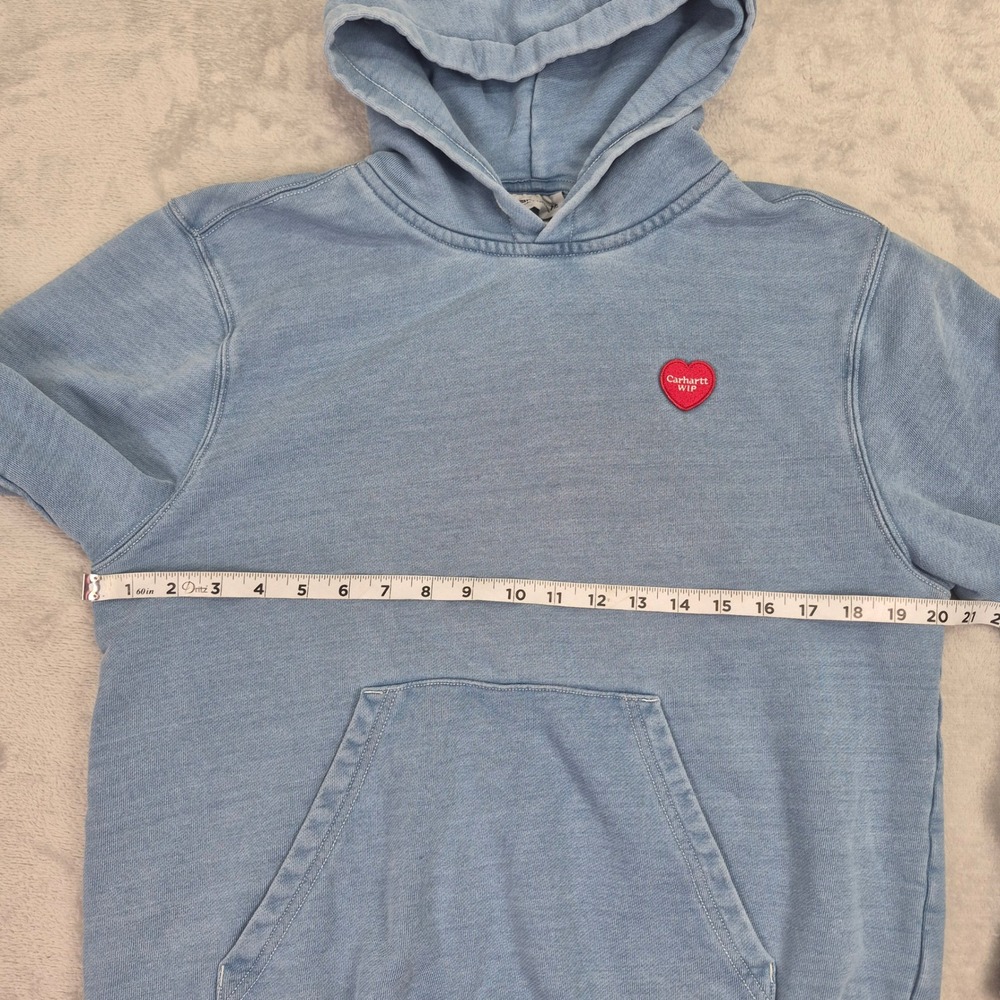 Carhartt WIP Heart Patch Hoodie Light Blue Stone Wash Sweatshirt Unisex Women XS - Picture 11 of 15